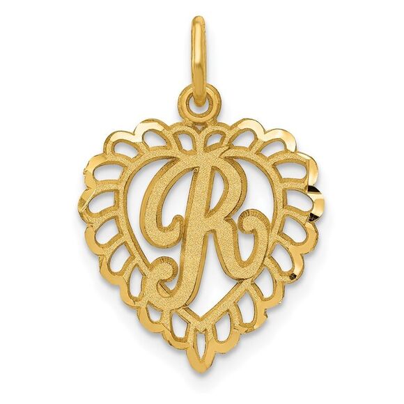 14k Yellow Gold, Grace Collection, Satin Heart Initial R Pendant, 15mm - Picture 1 of 5